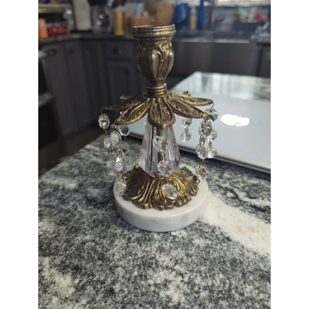Gold Brass Marble Candle Stick Holder Prisms Vintage Hollywood Regency 7